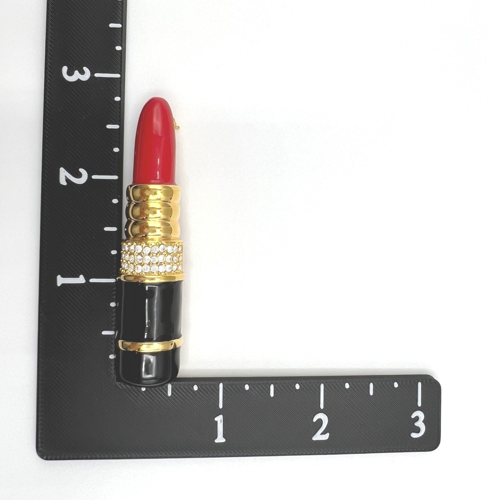Kenneth Jay Lane KJL Lipstick Brooch Red Black Enamel Rhinestone Gold Tone Pin - Picture 5 of 5